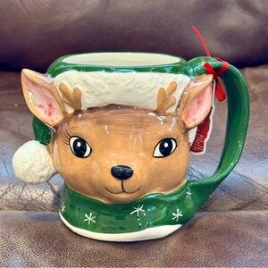 Reindeer with Santa Hat Christmas Mug - Blue Sky Clayworks
